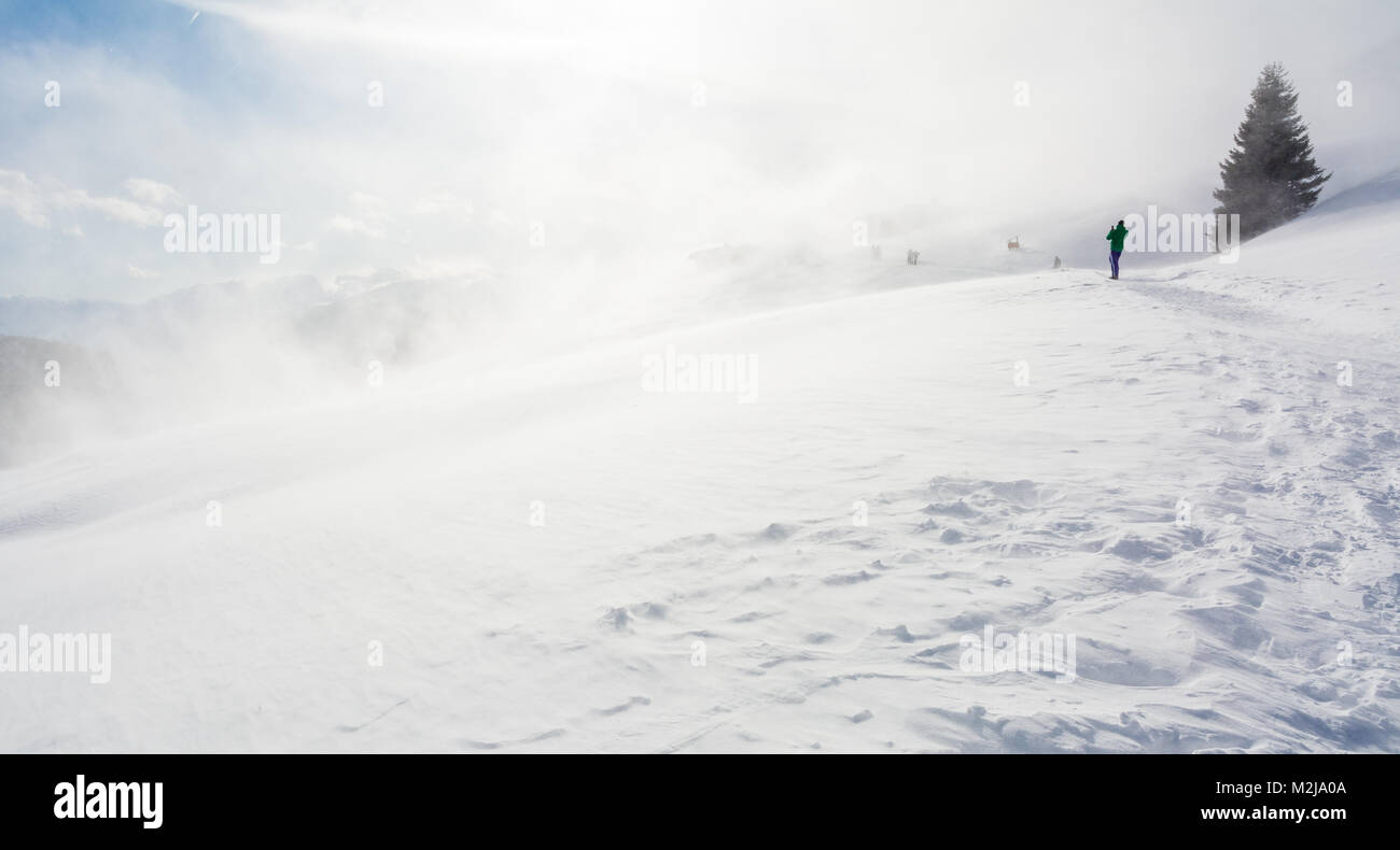 Escursionista ski in condizioni di scarsa visibilità a causa di una tempesta di neve nel Tirolo del sud montagne in inverno. Italia Foto Stock