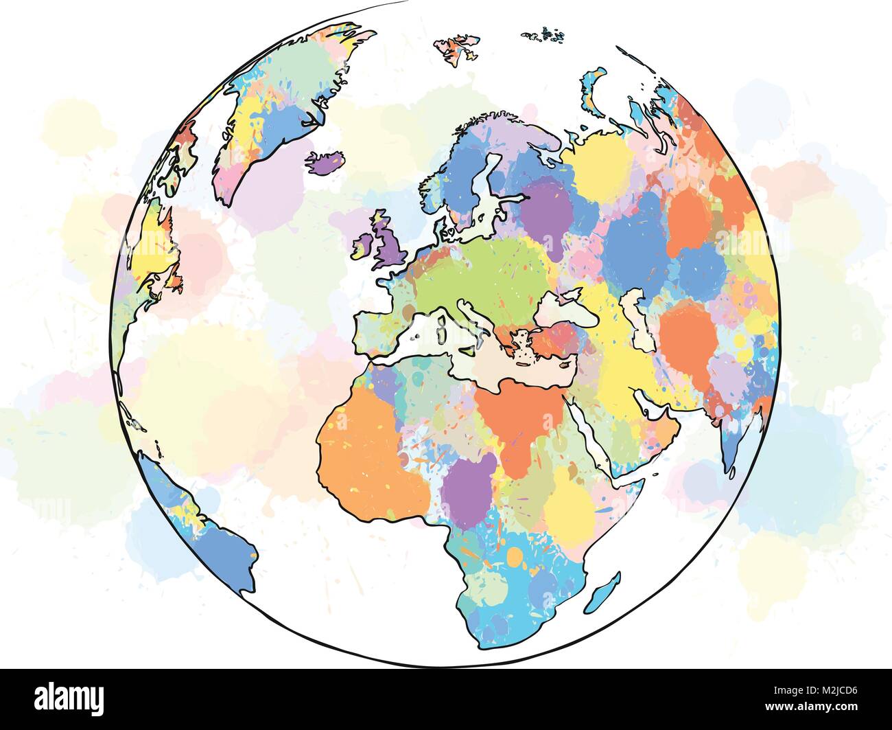 Mappa colorata europa globo. Disegnata a mano illustrazione vettoriale, spruzzi di vernice di colore isolato su sfondo bianco. Viaggi di affari e turismo concetto con Illustrazione Vettoriale