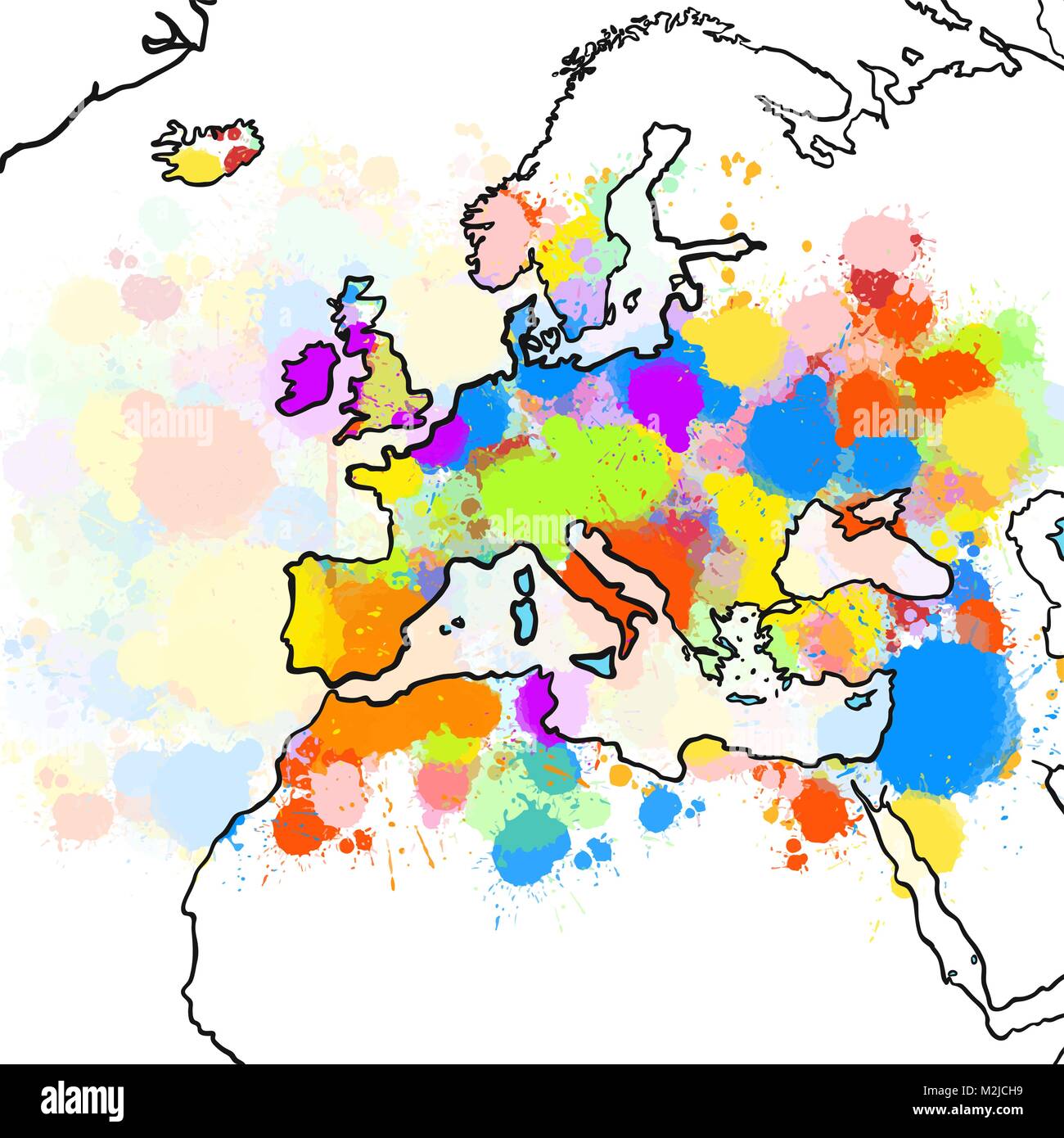 Verniciato colorato Mappa di Europa. Disegnata a mano illustrazione vettoriale, spruzzi di vernice di colore isolato su sfondo bianco. Viaggi di affari e turismo Concept Illustrazione Vettoriale