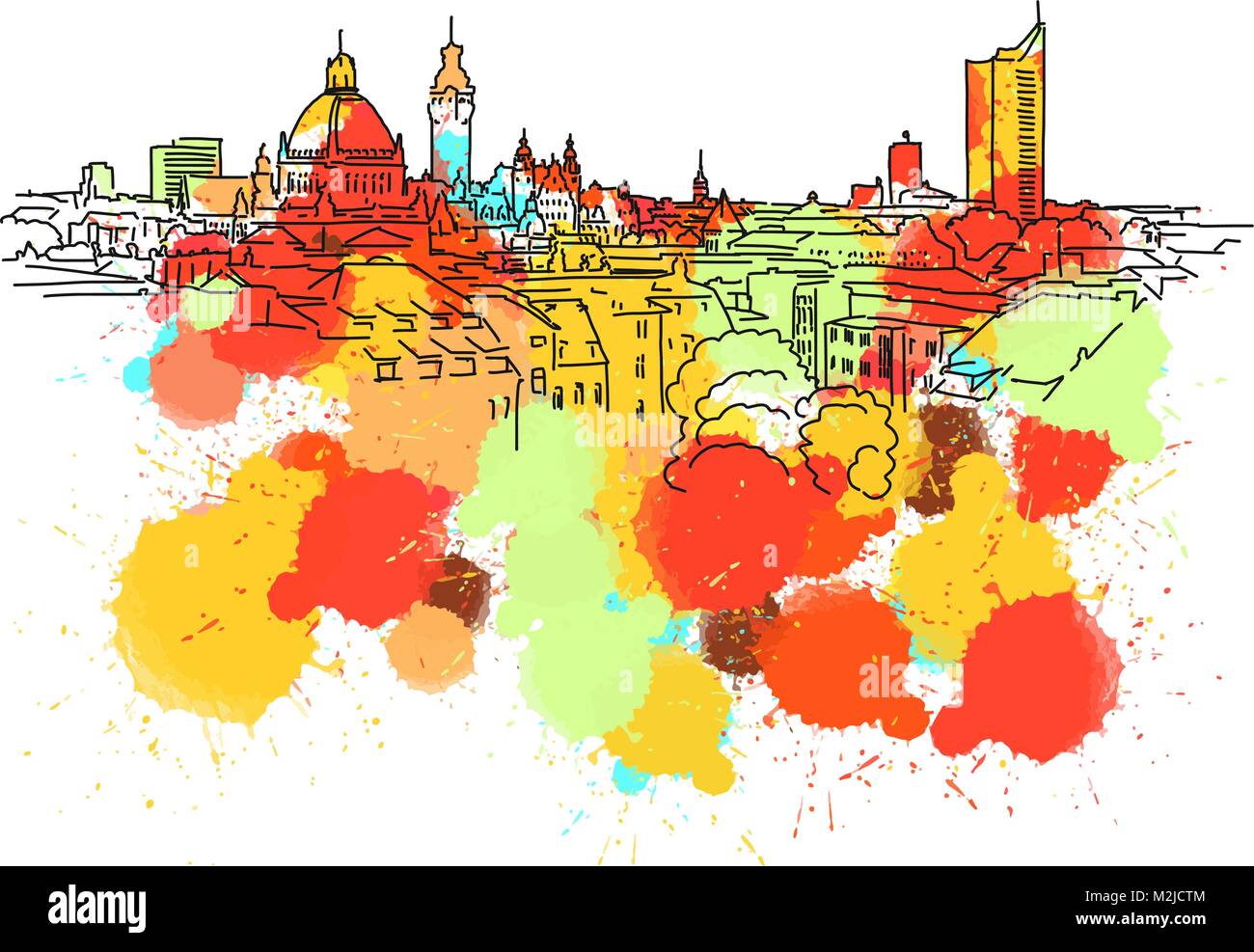 Colorate sullo skyline di Lipsia Sketch. Disegnata a mano illustrazione vettoriale, spruzzi di vernice di colore isolato su sfondo bianco. Viaggi di affari e turismo Concep Illustrazione Vettoriale