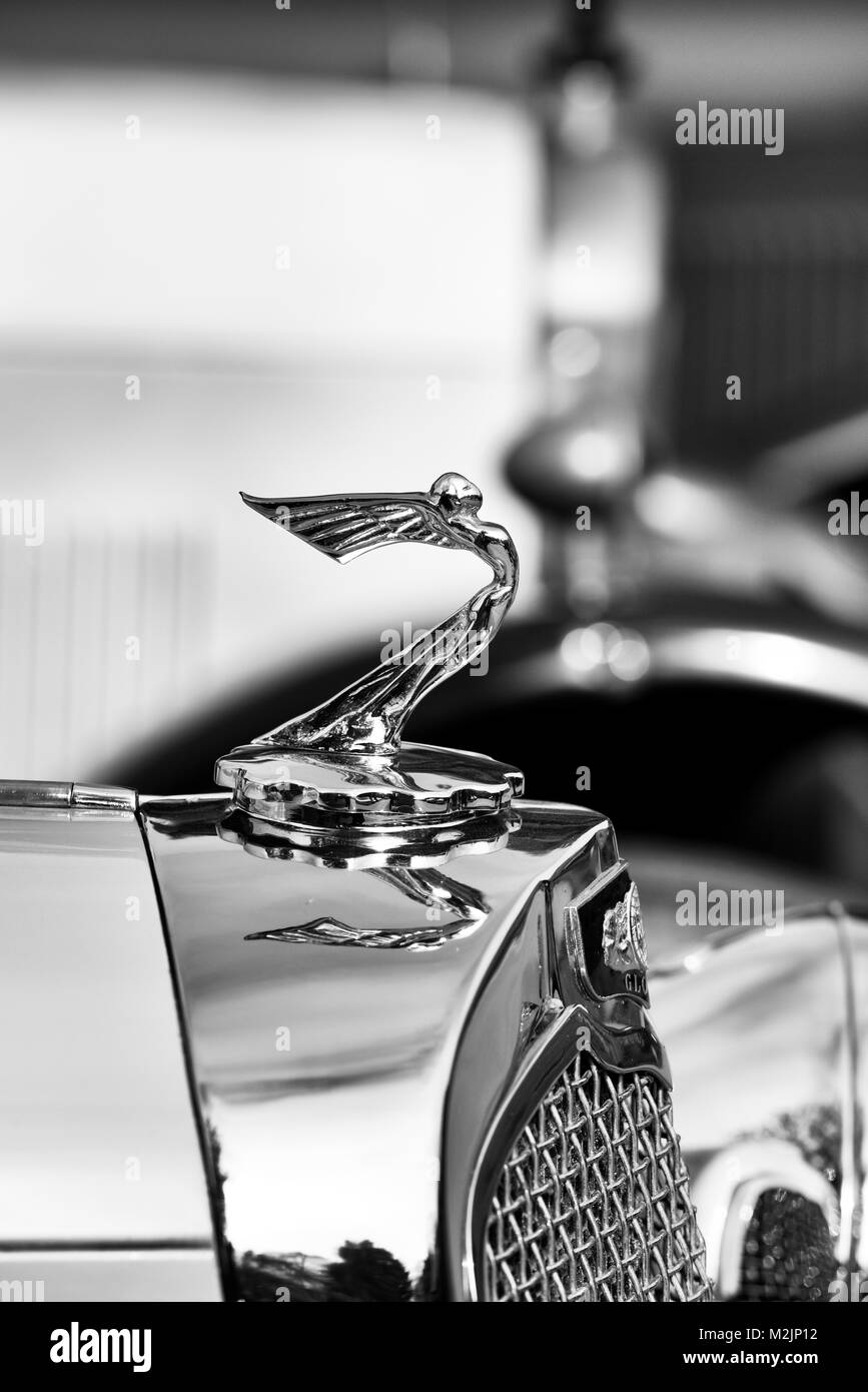 1935 Triumph Gloria ornamento del cofano dettaglio. Regno Unito. In bianco e nero Foto Stock