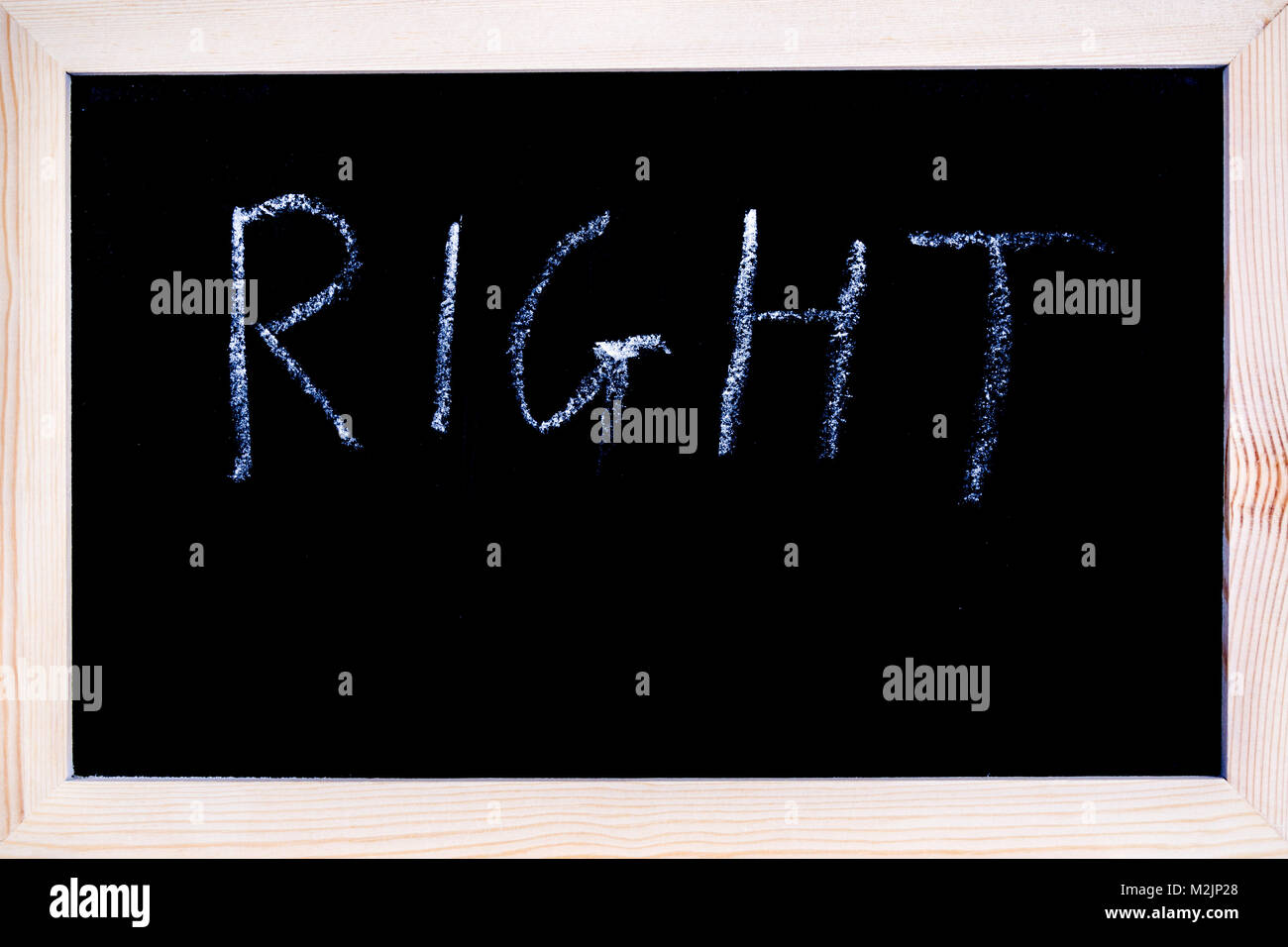 Lavagna con gesso bianco che mostra la scrittura a destra Foto Stock