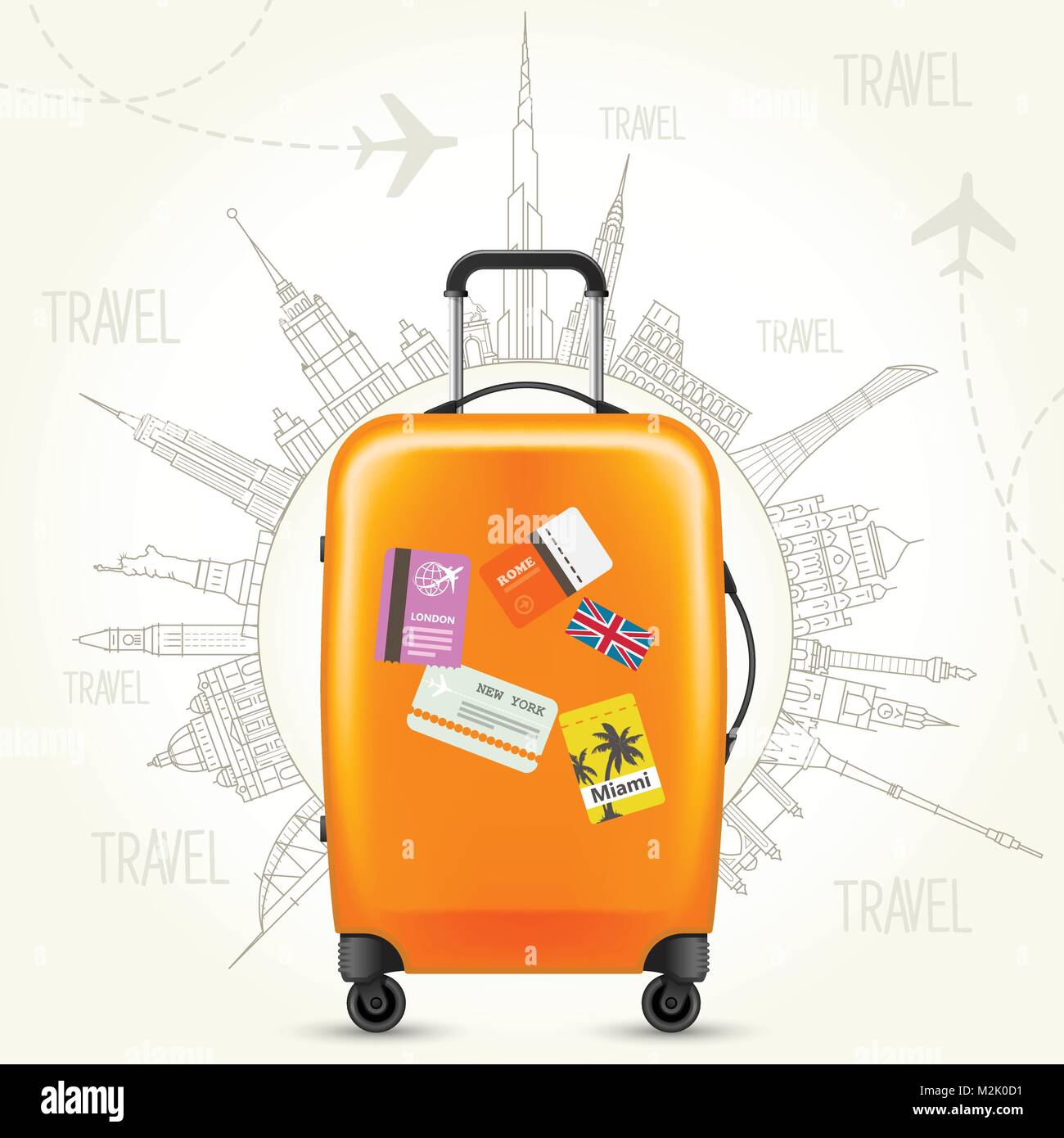 Viaggio in giro per il mondo - Viaggi poster, la valigia e mondo dei punti di riferimento Illustrazione Vettoriale