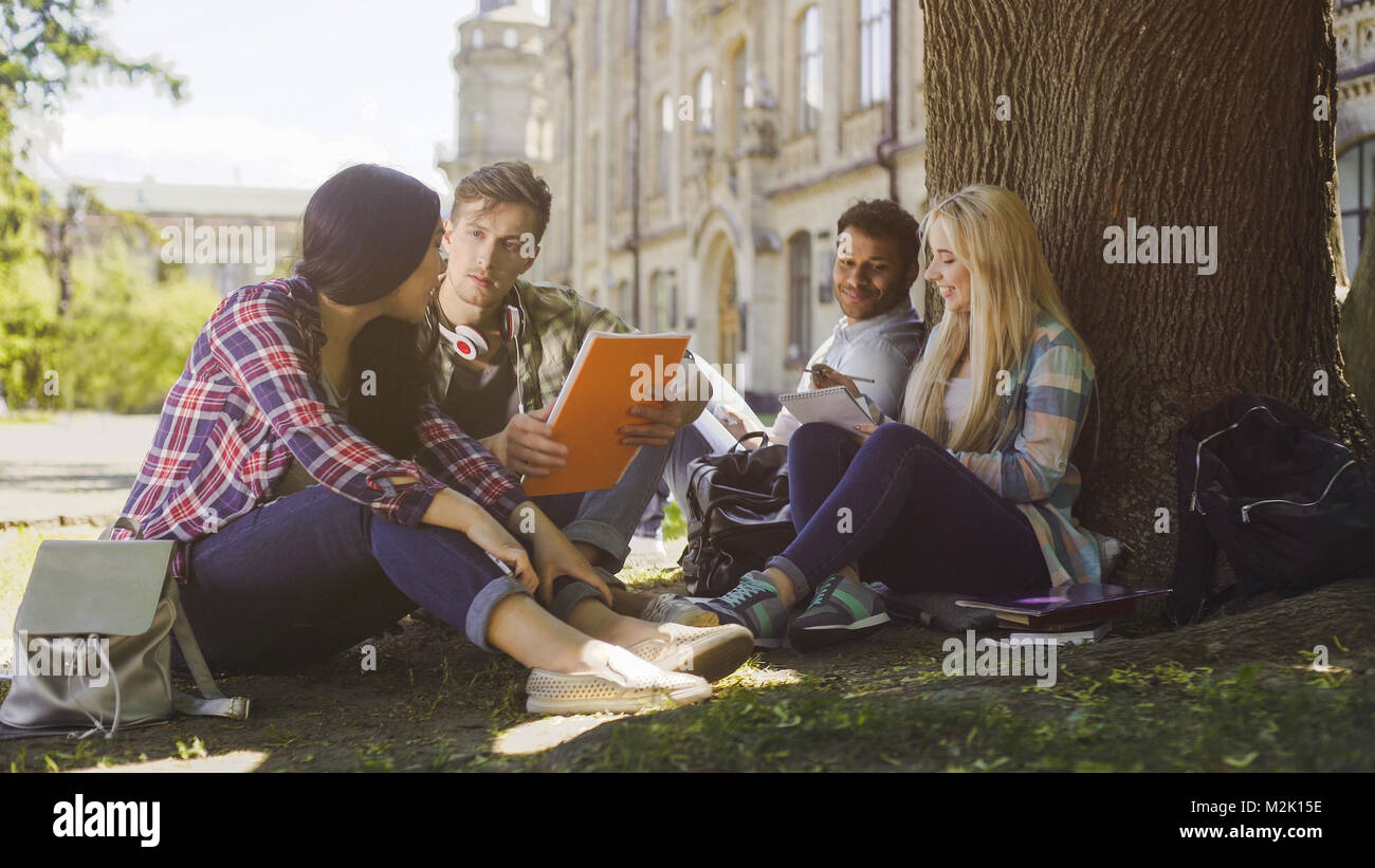 Gli studenti universitari avente la discussione sotto agli alberi del campus, la preparazione per gli esami Foto Stock
