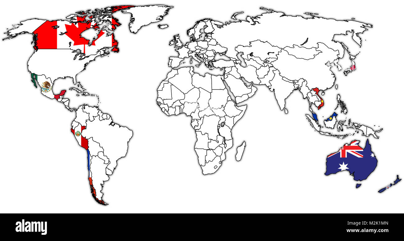 Completa e progressiva di accordo di partenariato Trans-Pacific precedentemente noto come partenariato Trans-Pacific paesi membri bandiere il mondo ma Foto Stock