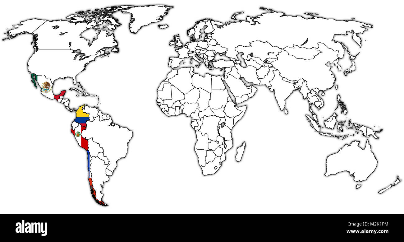 Pacific Alliance paesi membri bandiere sulla mappa del mondo con i confini nazionali Foto Stock
