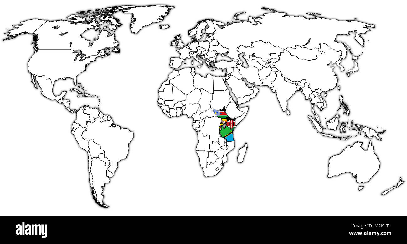 bandiere paesi africa - 1 East African Community paesi membri bandiere sulla mappa del mondo con i confini nazionali Foto stock - Alamy