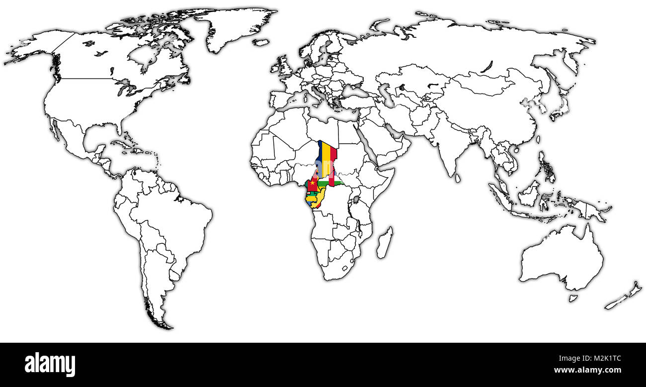 L'unione monetaria di Central African franco CFA paesi membri bandiere sulla mappa del mondo con i confini nazionali Foto Stock