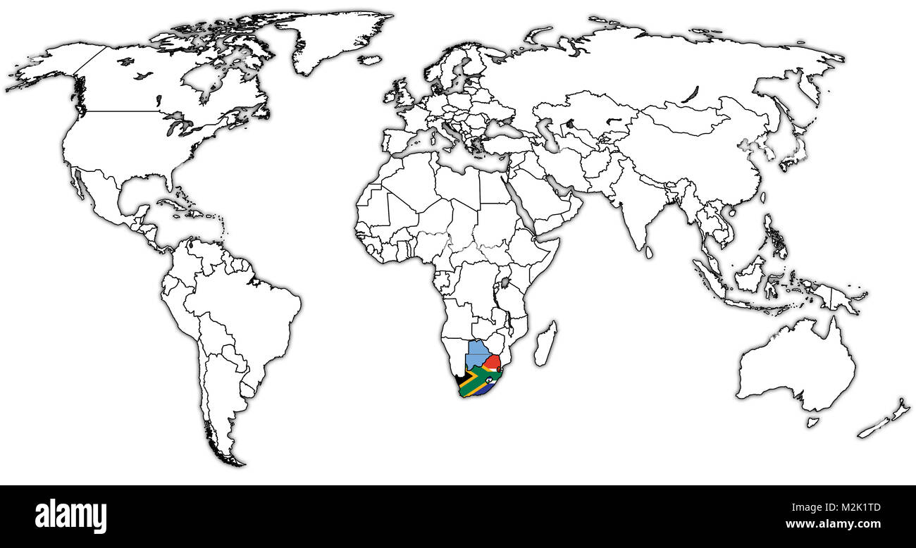 Unione doganale dell'Africa meridionale paesi membri bandiere sulla mappa del mondo con i confini nazionali Foto Stock