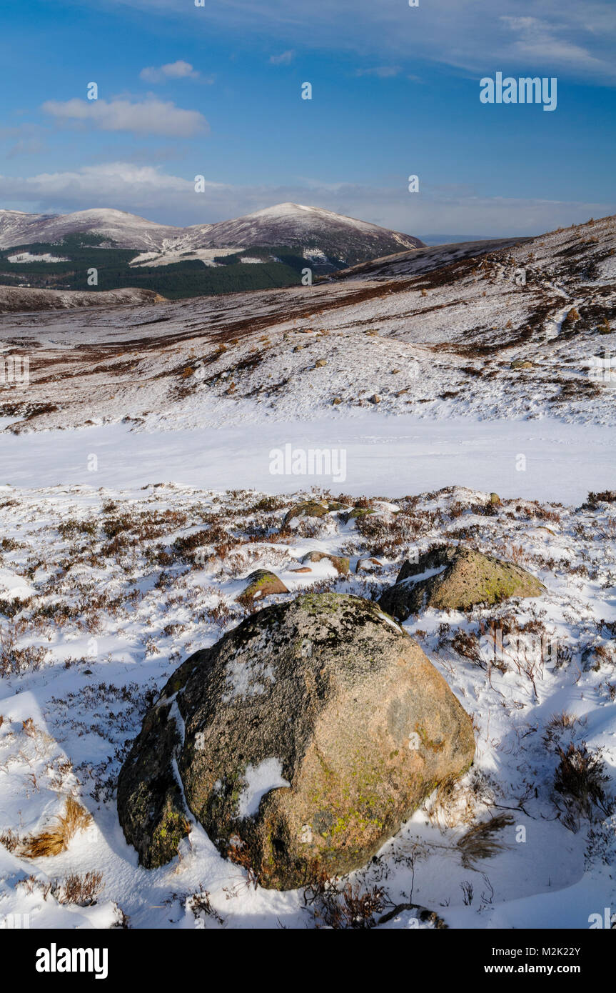 Una vista delle colline Craiggowrie, Creagan Gorm e Meall un' Bhuachaille visto dai fianchi del monte Cairngorm, nel Parco Nazionale di Cairngorms, Scotl Foto Stock