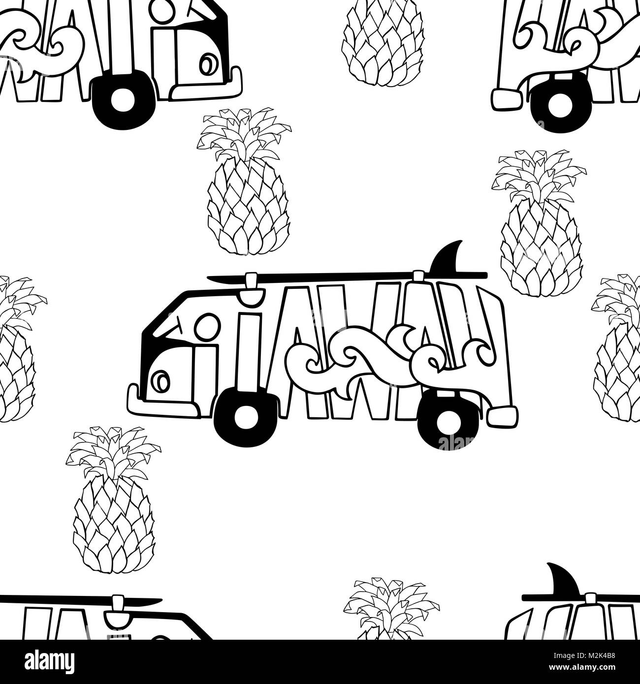 Aloha Hawaii seamless pattern. Surf bus e ananassi sketch. Illustrazione Vettoriale. Illustrazione Vettoriale