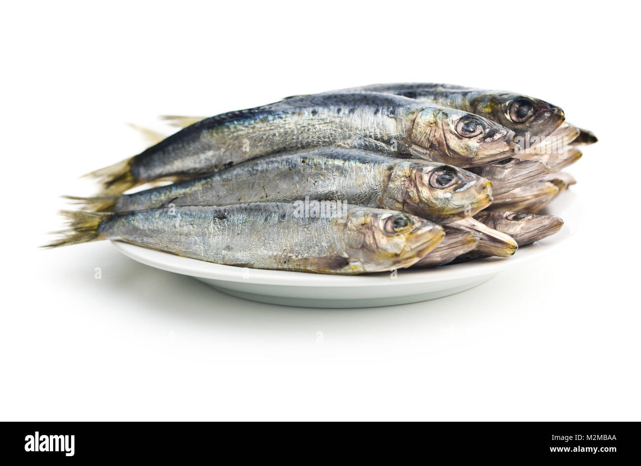Materie di sardine pesce isolato su sfondo bianco. Foto Stock