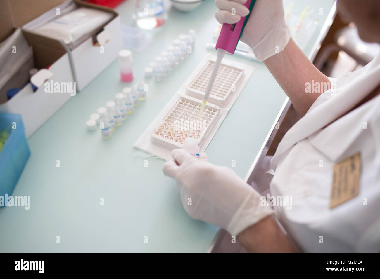 Ricercatore facendo ricerca in un laboratorio. Scienziato facendo prova di chimica in laboratorio. Medico di fare analisi mediche. Close up Foto Stock