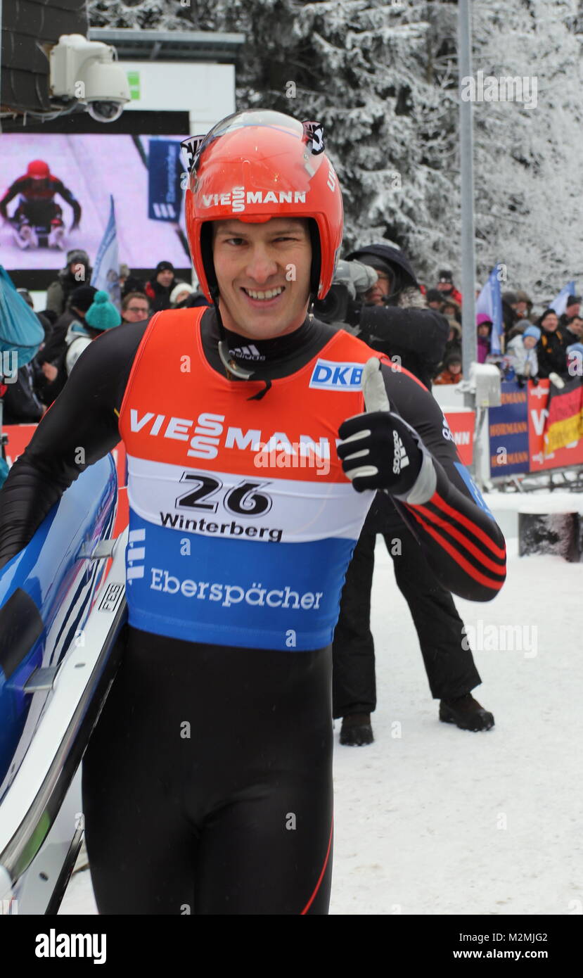 David Möller am 19.1.2013 a Winterberg beim Rennrodel-Weltcup Foto Stock