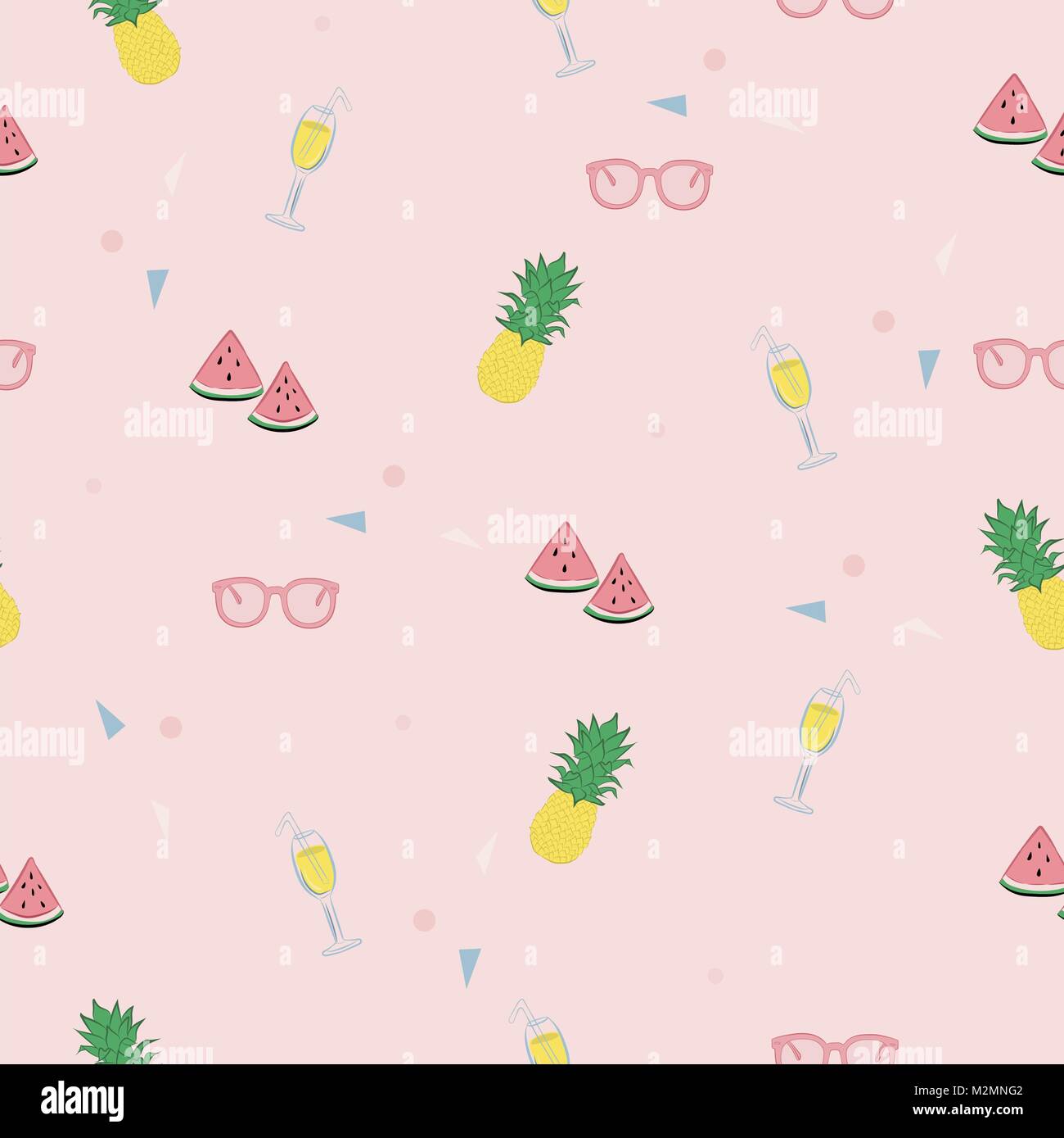 Rosa e carino pattern tropicale con i cocomeri, ananassi, sunglesses, cocktail e piccoli triangoli in colori pastello. Illustrazione Vettoriale