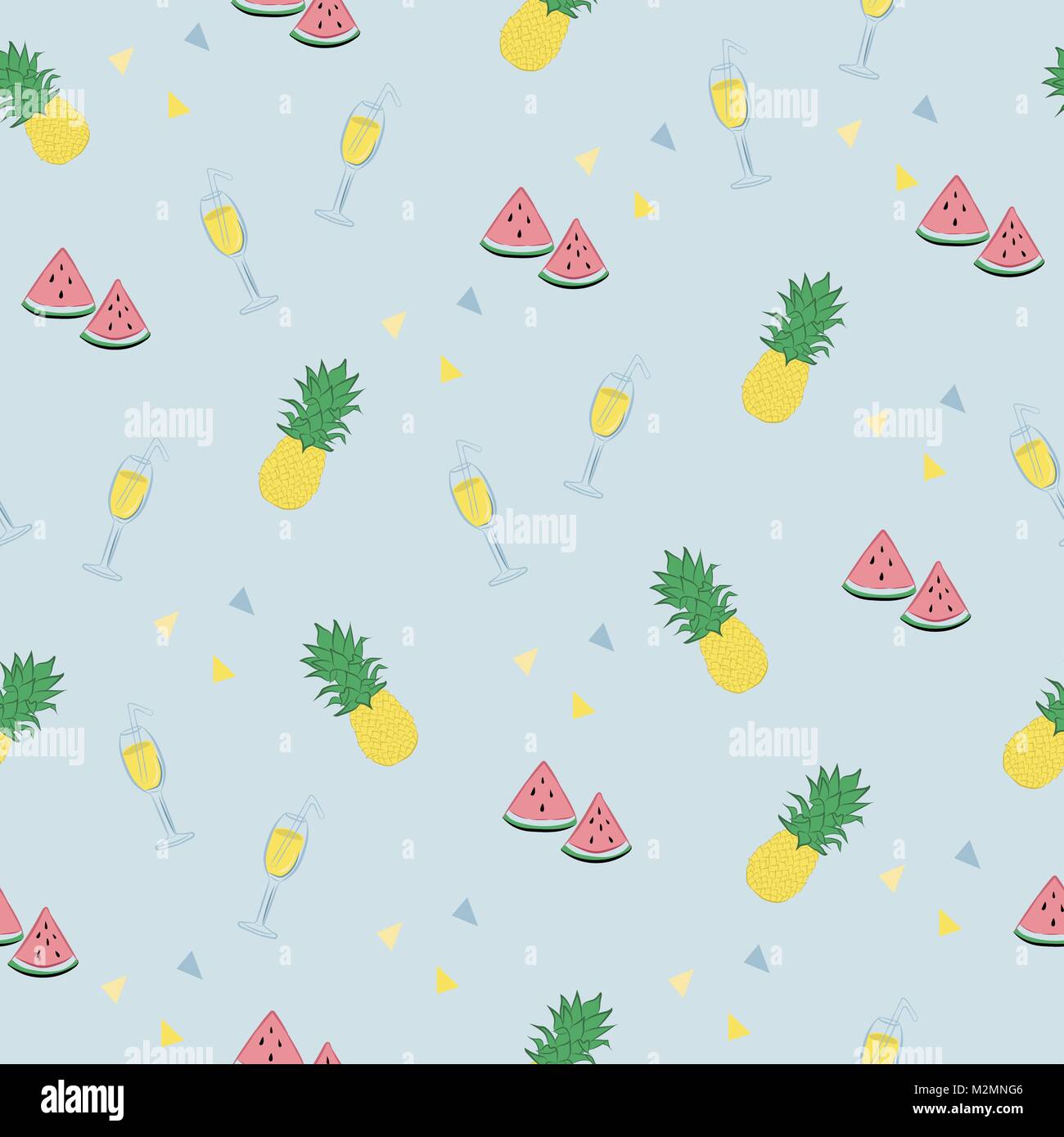 Carino pattern tropicale con i cocomeri, ananassi, cocktail e piccoli triangoli in colori pastello e pastello blu sullo sfondo. Illustrazione Vettoriale