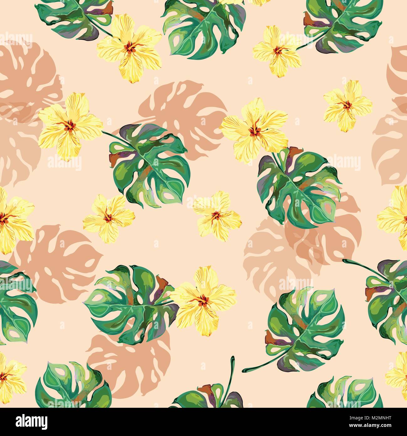Seamless pattern tropicale con mostera deliciosa e Giamaica fiori in verde e rosa pastello colori. Illustrazione Vettoriale