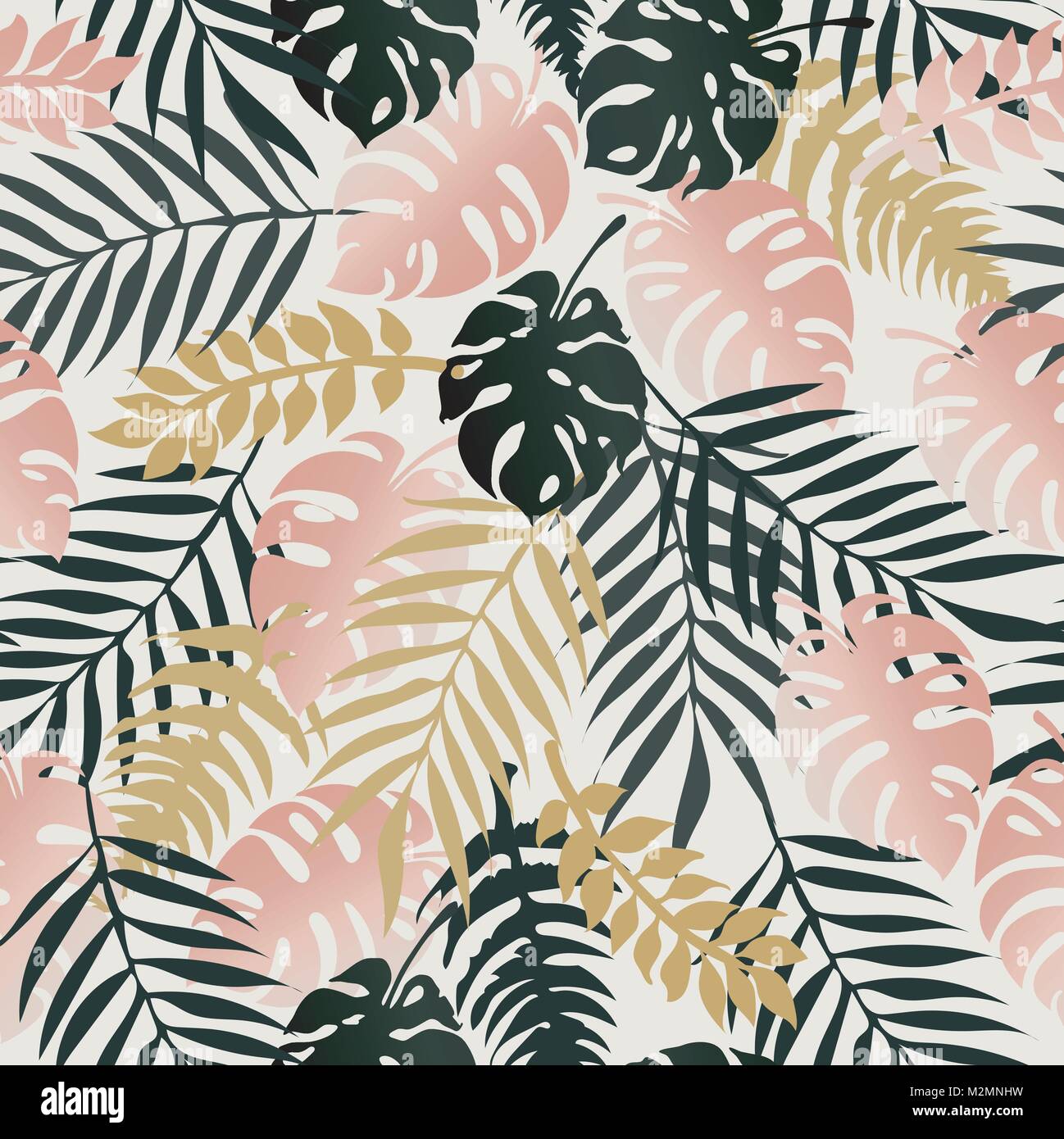 Seamless pattern tropicale con mostera deliciosa e foglie di palmo in verde, oro e rosa pastello colori. Illustrazione Vettoriale