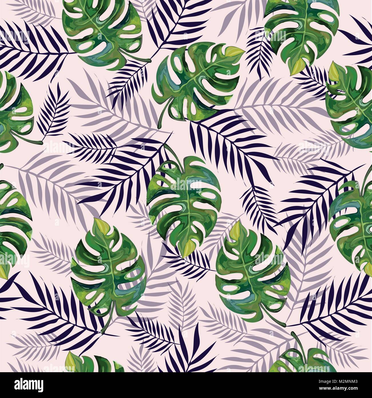 Seamless pattern tropicale con mostera deliciosa e foglie di palmo in verde, blu e rosa pastello colori. Illustrazione Vettoriale