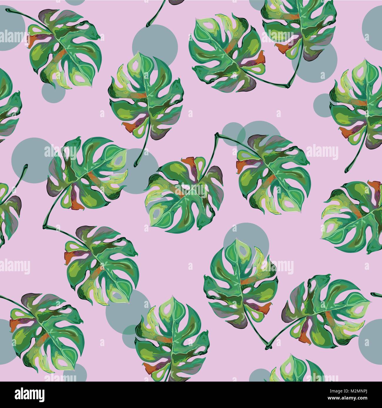 Seamless pattern tropicale con mostera deliciosa e punti in verde e rosa pastello colori. Illustrazione Vettoriale