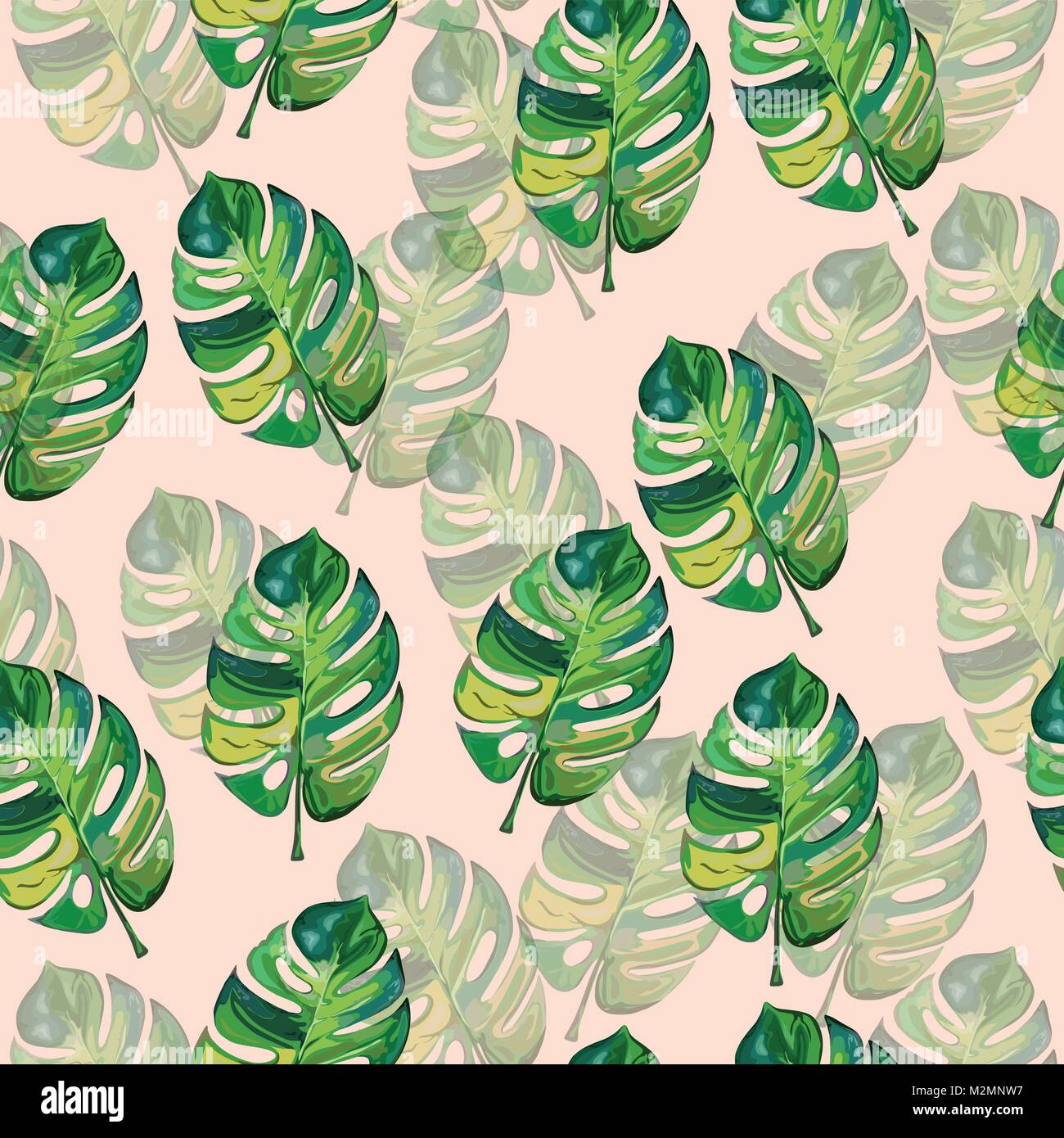 Seamless pattern tropicale con mostera deliciosa in verde e rosa pastello colori. Illustrazione Vettoriale