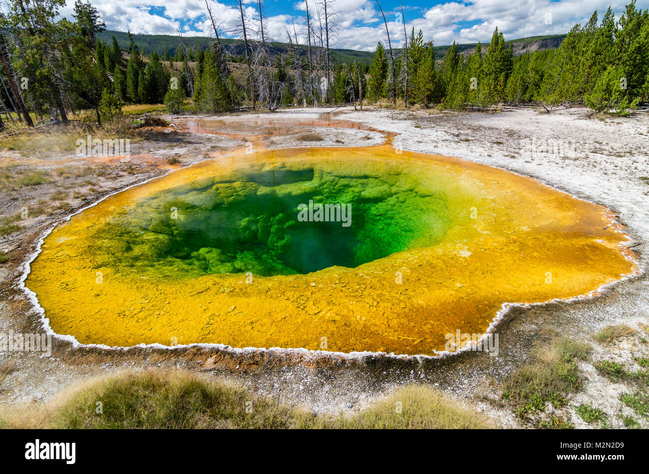 Gloria di mattina in piscina nel Upper Geyser Basin è uno dei mitici caratteristiche del Parco Nazionale di Yellowstone. Parco Nazionale di Yellowstone, Wyoming USA Foto Stock