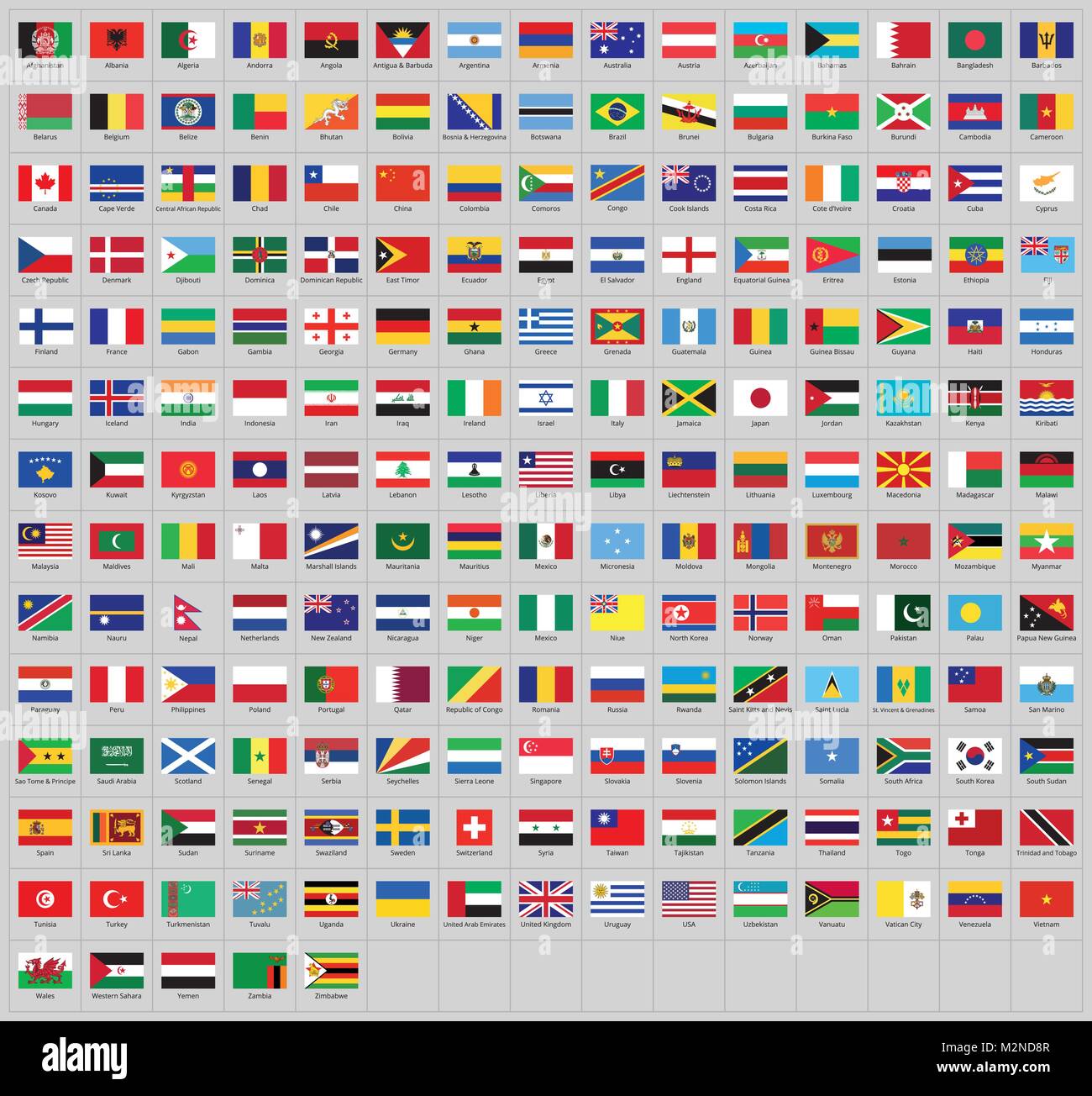 Tutte le bandiere nazionali di tutto il mondo con i nomi - alta qualità bandiera vettore isolato su sfondo grigio Illustrazione Vettoriale
