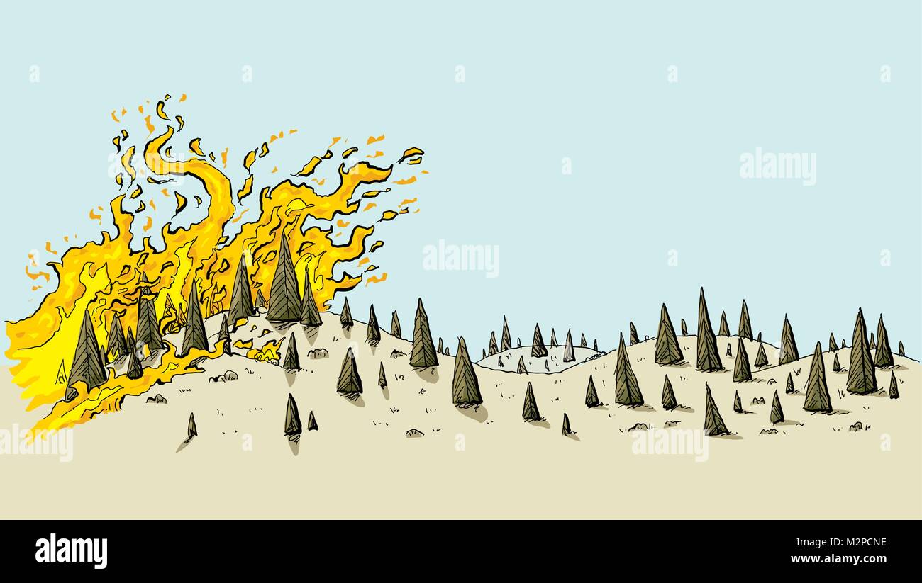 Un cartone animato di un feroce wildfire diffondendo in un luogo asciutto e arida, colpita dalla siccità paesaggio di alberi sempreverdi sulle colline. Illustrazione Vettoriale