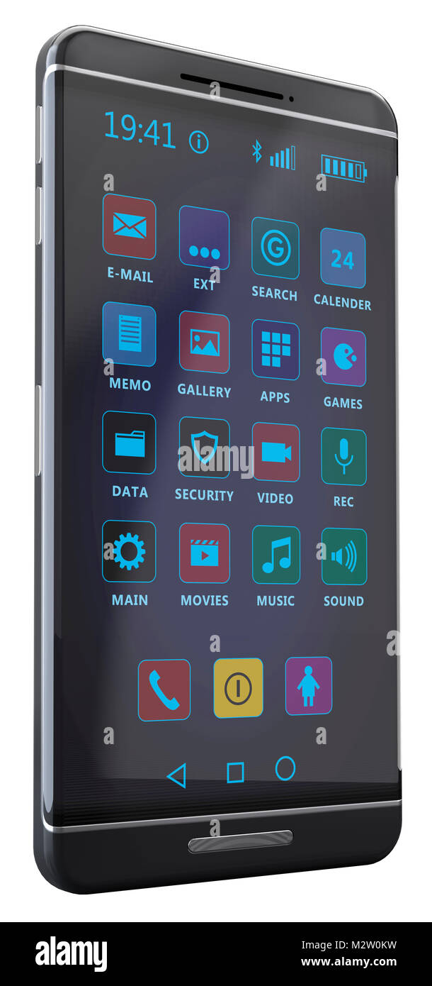 Generico Smartphone senza marchio, nero-argento con icone generiche sul display nella parte anteriore del bianco rilasciato Foto Stock