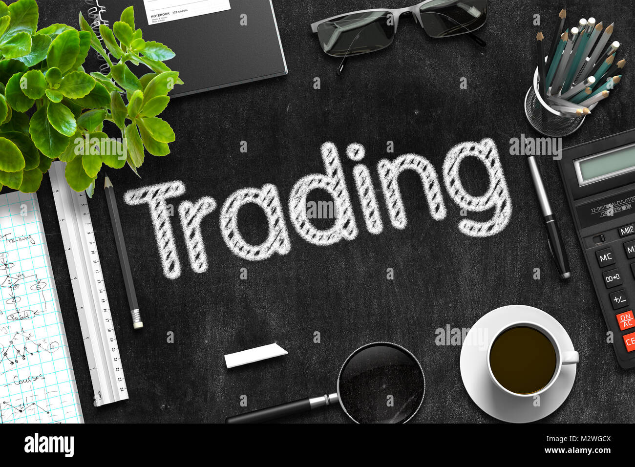 Concetto di trading sulla lavagna. Il rendering 3D. Foto Stock