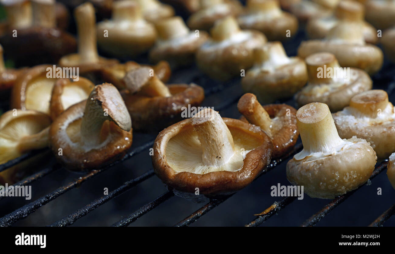 Bianco champignon funghi comuni e cinese nero funghi shiitake cotti su char grill, vicino ad alto angolo di visione Foto Stock