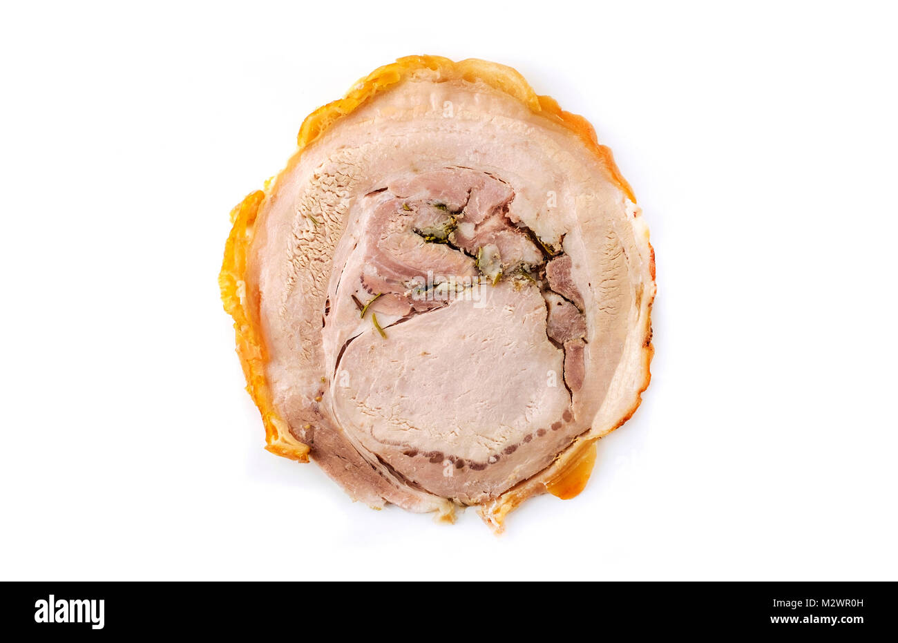 Porchetta, un tradizionale carne di Ariccia, Italia, su un backround bianco Foto Stock
