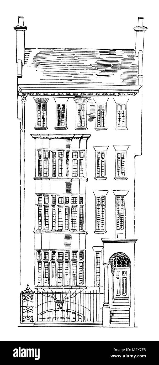 Gazza e il moncone, linea illustrazione vista in elevazione frontale di Cheyne Walk, London House di Charles Robert Ashbee dal 1895 lo studio di una rivista illustrata Foto Stock