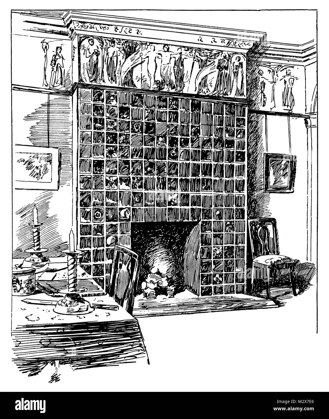 Gazza e il moncone, Hall e camino, linea illustrazione vista in elevazione frontale di Cheyne Walk, London House di Charles Robert Ashbee dal 1895 lo Studio di un Foto Stock