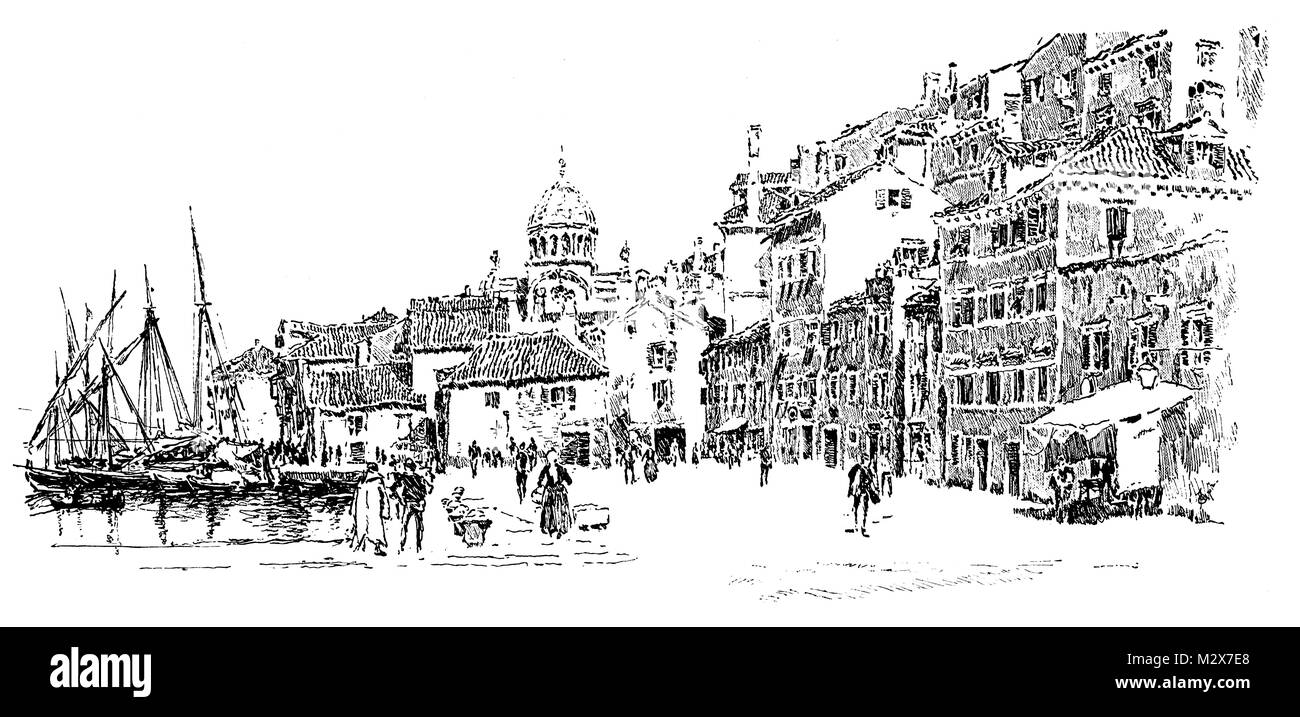 Sebenico, Sibenik, Croazia, Dalmazia, Croazia, nel 1880, penna e inchiostro sketch da Joseph Pennell dal 1895 lo studio di una rivista illustrata Foto Stock