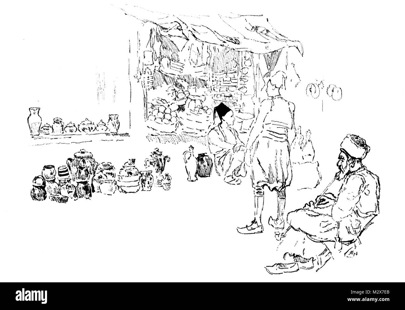 Scena di strada in Raguna (Dubrovnik), Croazia nel 1880, penna e inchiostro sketch da Joseph Pennell dal 1895 lo studio di una rivista illustrata di belle e Ap Foto Stock