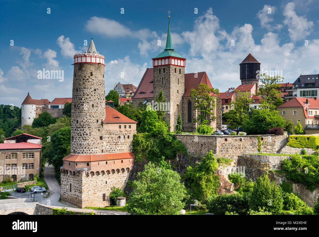 Torri medievali della città vecchia di Bautzen dal ponte sul fiume Spree, Bautzen, Superiore Lusazia regione della Sassonia, Germania Foto Stock