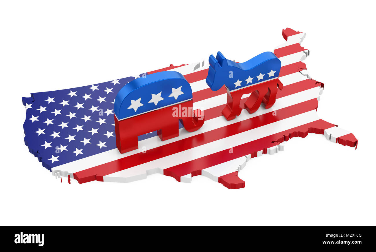 Democratico e asino elefante repubblicano con America Map Bandiera Foto Stock