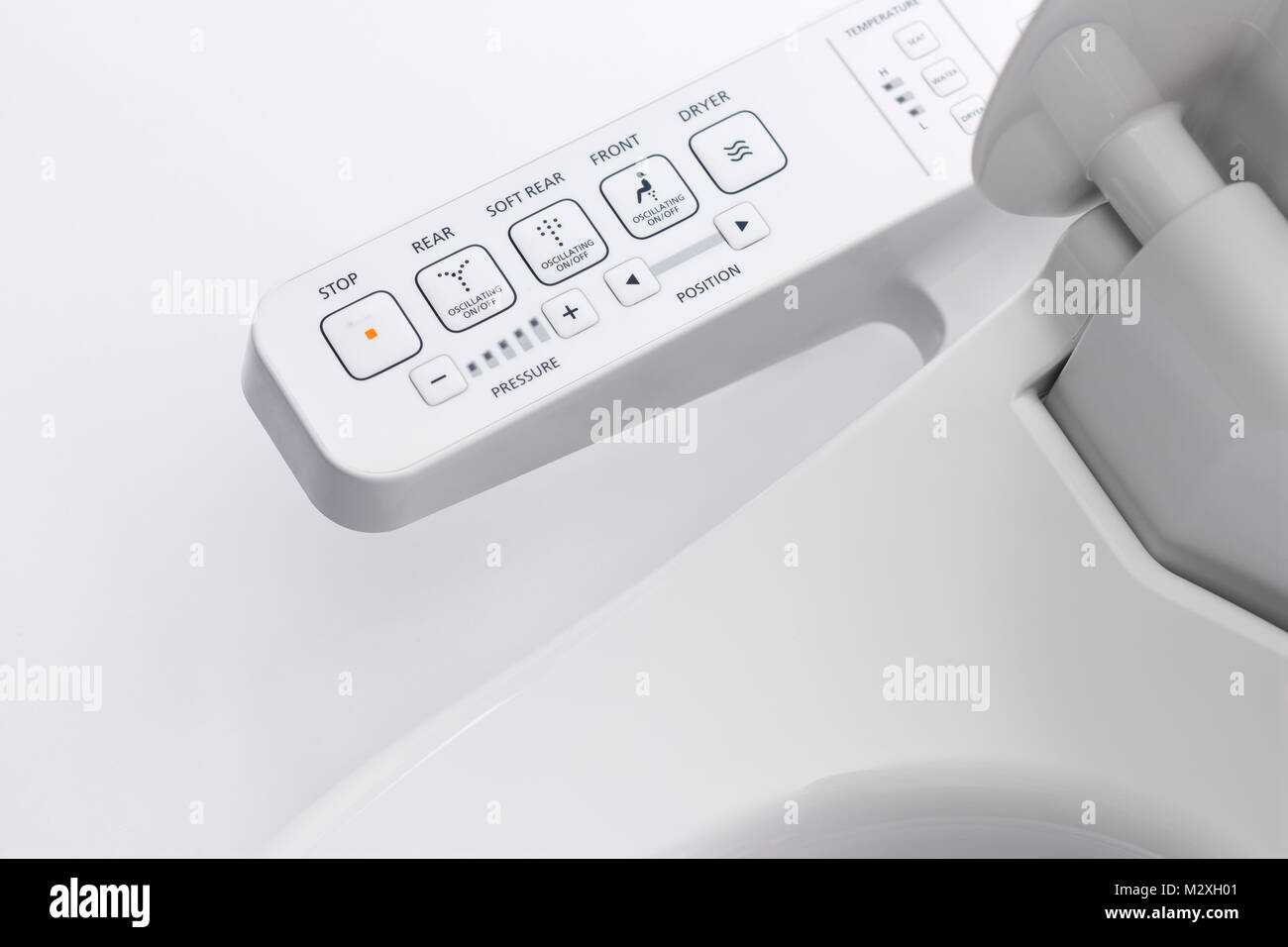 Pannello di controllo di TOTO Washlet, bidet sedile di gabinetto su sfondo bianco Foto Stock