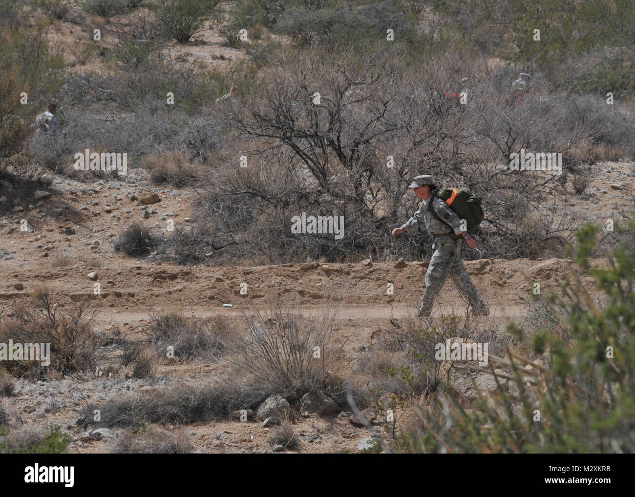 Esercito nazionale Guard Spc. Rachel Walter, un membro della Maratona All-Guard Team e Maryland Guardia nazionale, marce attraverso il deserto tra miglia 20 e 21 durante l'Annuale Bataan Memorial morte marzo vicino a White Sands, N.M., Marzo 25, 2012. Walter completato il più impegnativo di tutte le categorie--(pesante) piena militare--il che significa che ha portato a 35 pound zaino tutto il 26.2 miglia di distanza. (Air National Guard foto di Tech. Sgt. Leisa Grant) All-Guard Marathon Team a 2012 Bataan Memorial morte marzo dalla Guardia Nazionale Foto Stock