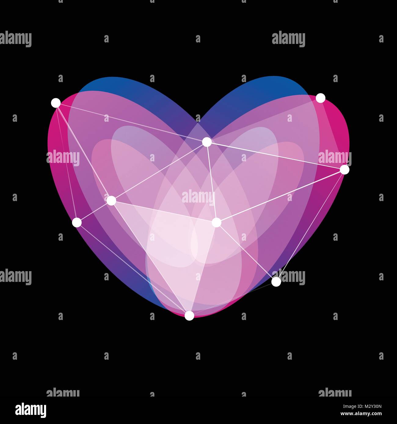 Isolato inusuale vetro astratto simbolo del vettore di porpora, blu e viola il colore del cuore. Colorato logo amore di San Valentino con linee e punti su sfondo nero. Illustrazione Vettoriale