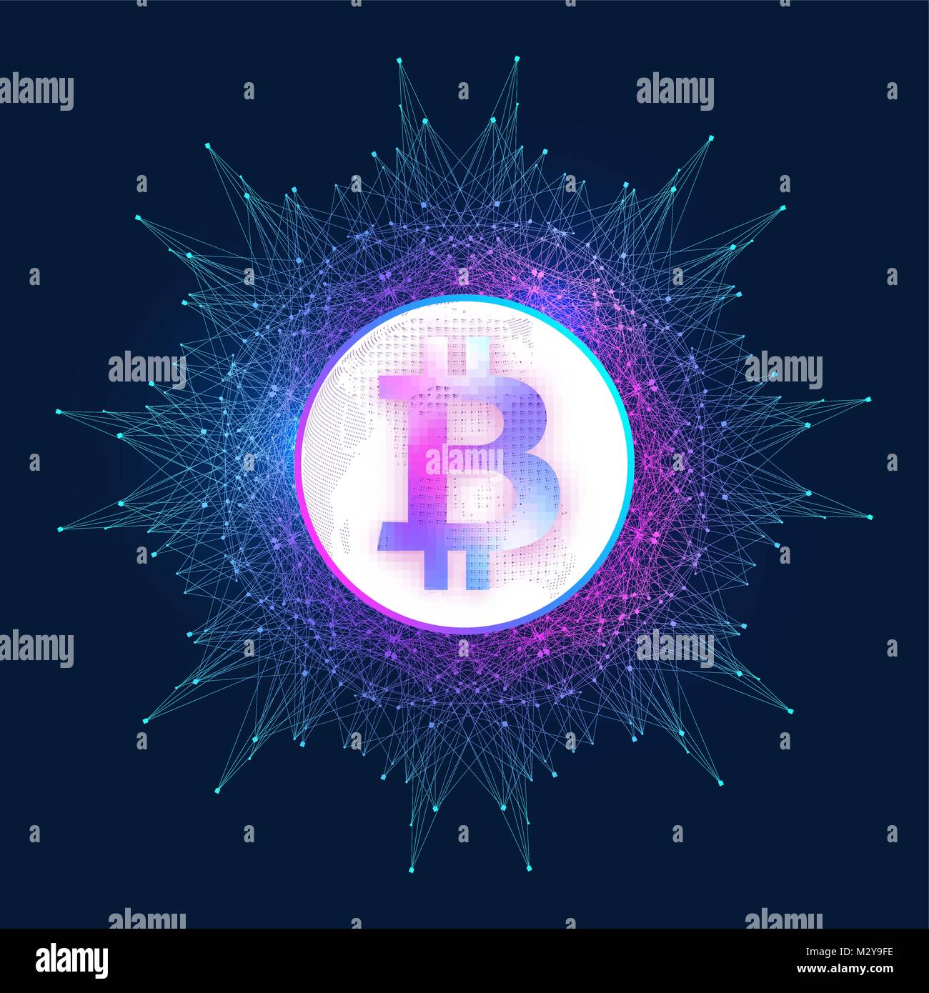 Bitcoin. Bit fisico moneta. Bitcoin valuta digitale moneta danno la finanza mondiale sistema. Cryptocurrency. Denaro virtuale. Mappa mondo punto dello sfondo. Illustrazione Vettoriale. Illustrazione Vettoriale