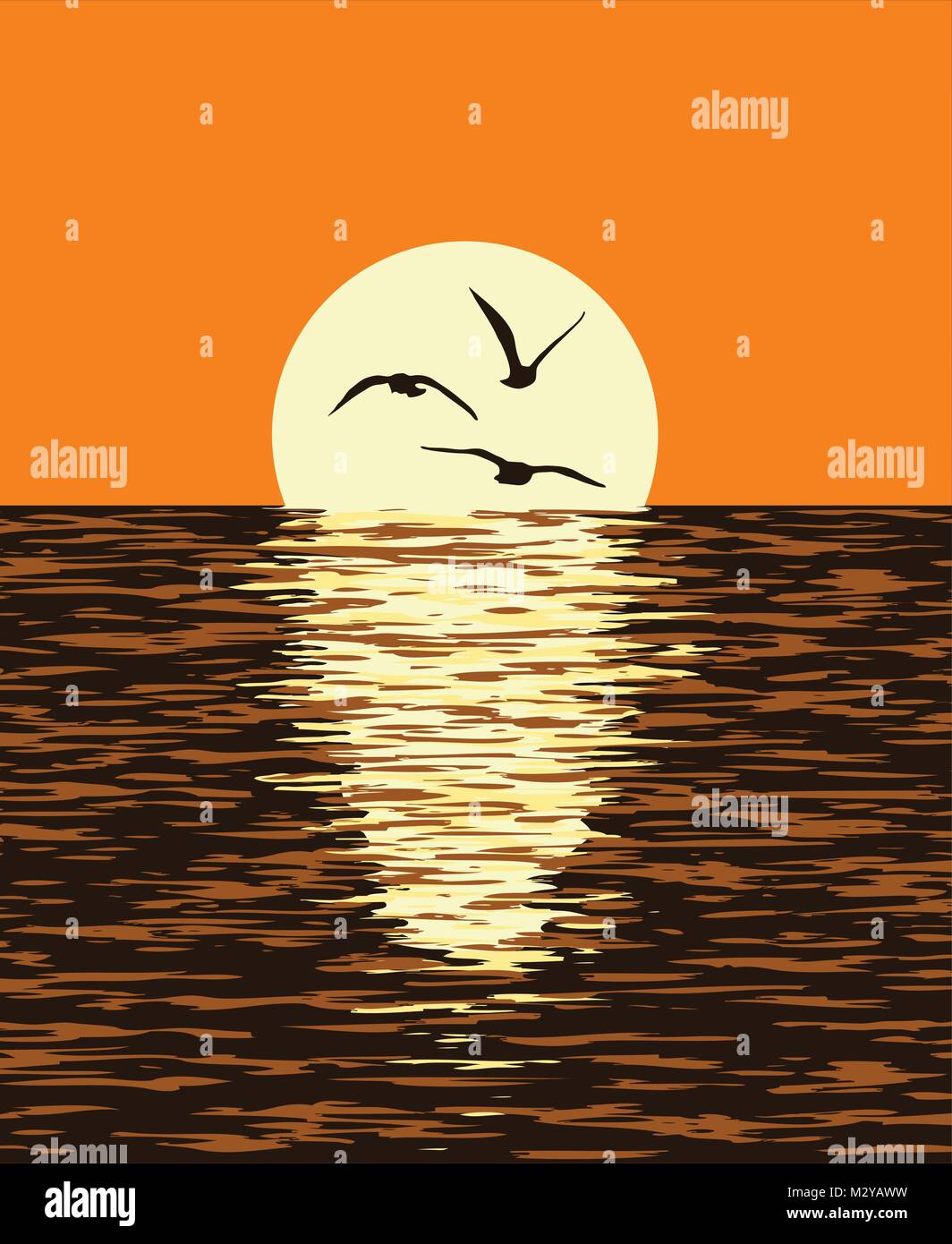 Vettore sfondo del mare e il tramonto del sole. illustrazione di riflessione della luce del sole in oceano ondulata acqua e battenti seagull ione di uccelli Illustrazione Vettoriale