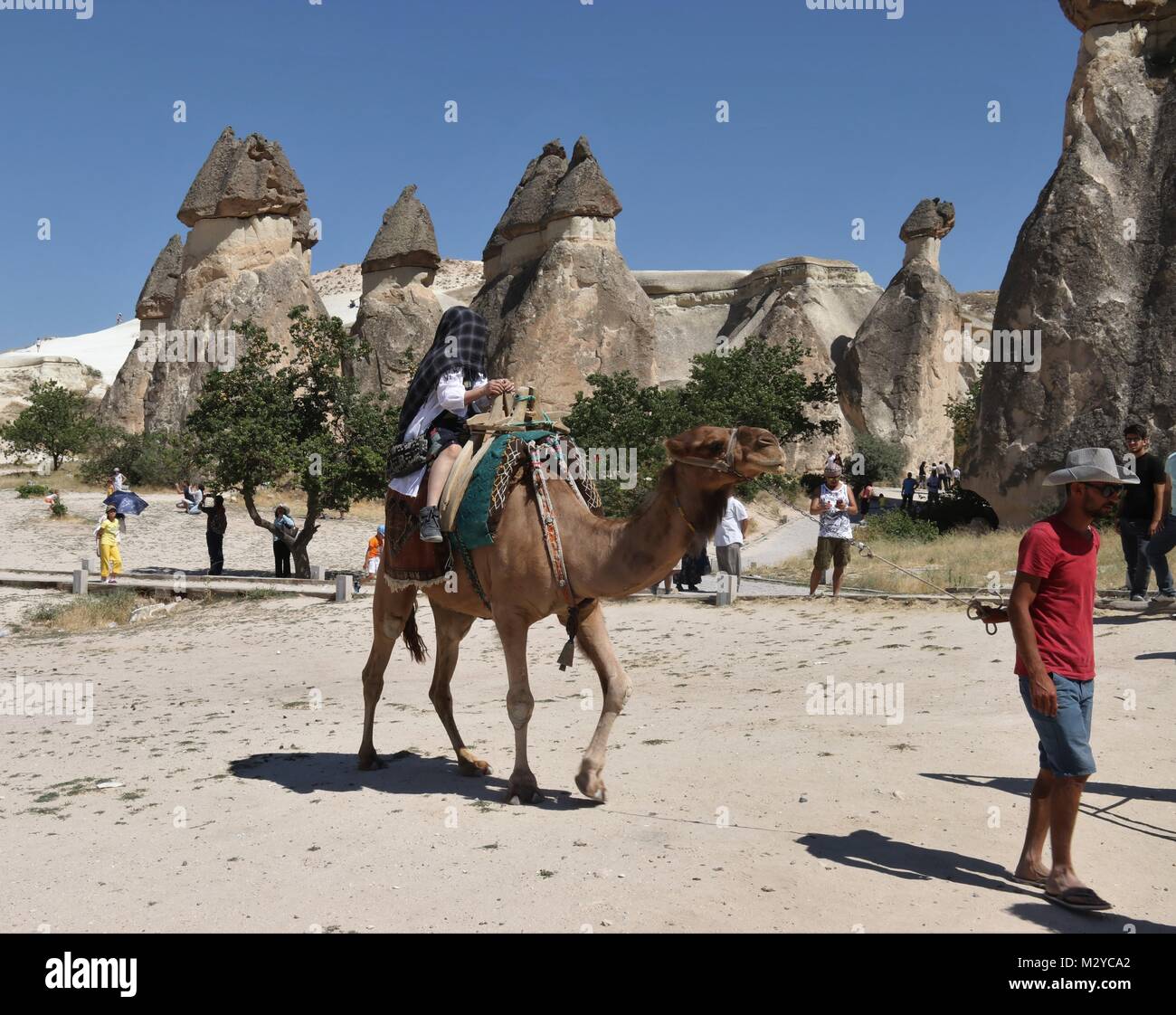 I turisti a cavallo di cammelli mentre visitando la famosa pietra arenaria Camini di Fata in Pasabagi monaci Valley Cappadocia con un luminoso cielo blu sullo sfondo Foto Stock