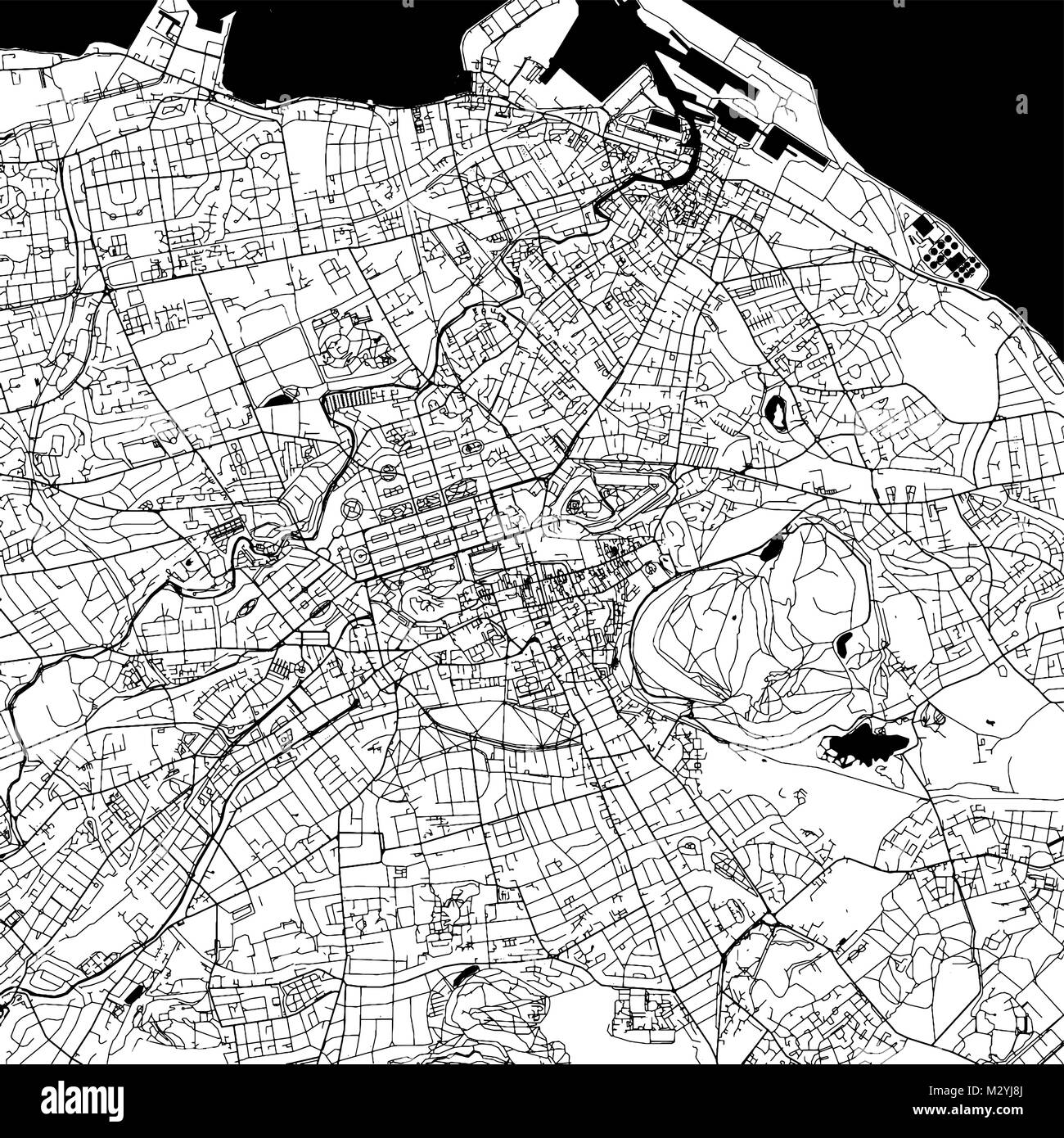 Il centro di Edimburgo mappa vettoriale Artprint monocromatico, versione di contorno per una infografica sfondo nero, strade e vie navigabili Illustrazione Vettoriale