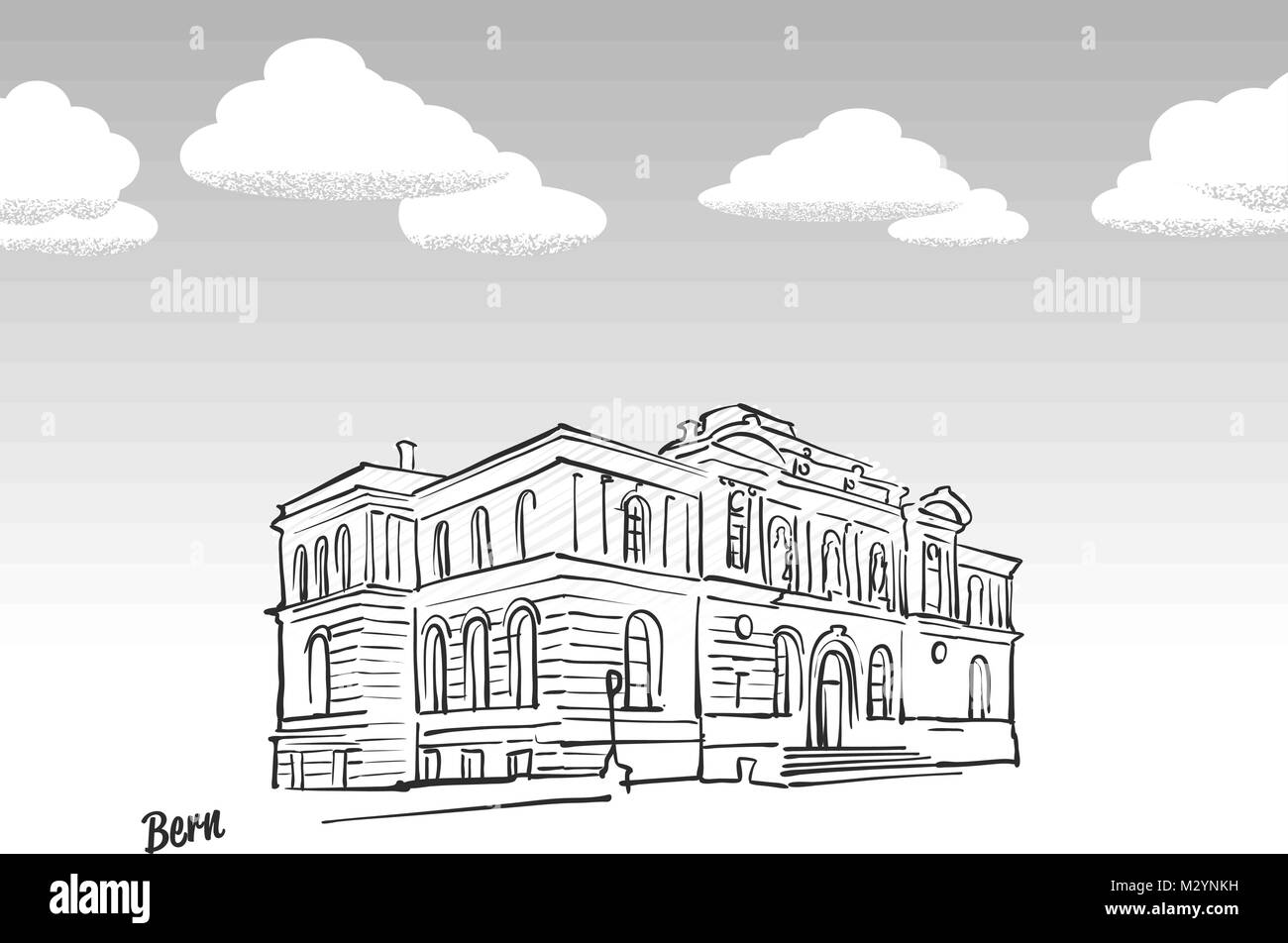 Bern, Svizzera famoso sketch. Lineart disegno a mano. Biglietto di auguri icona con titolo, illustrazione vettoriale Illustrazione Vettoriale