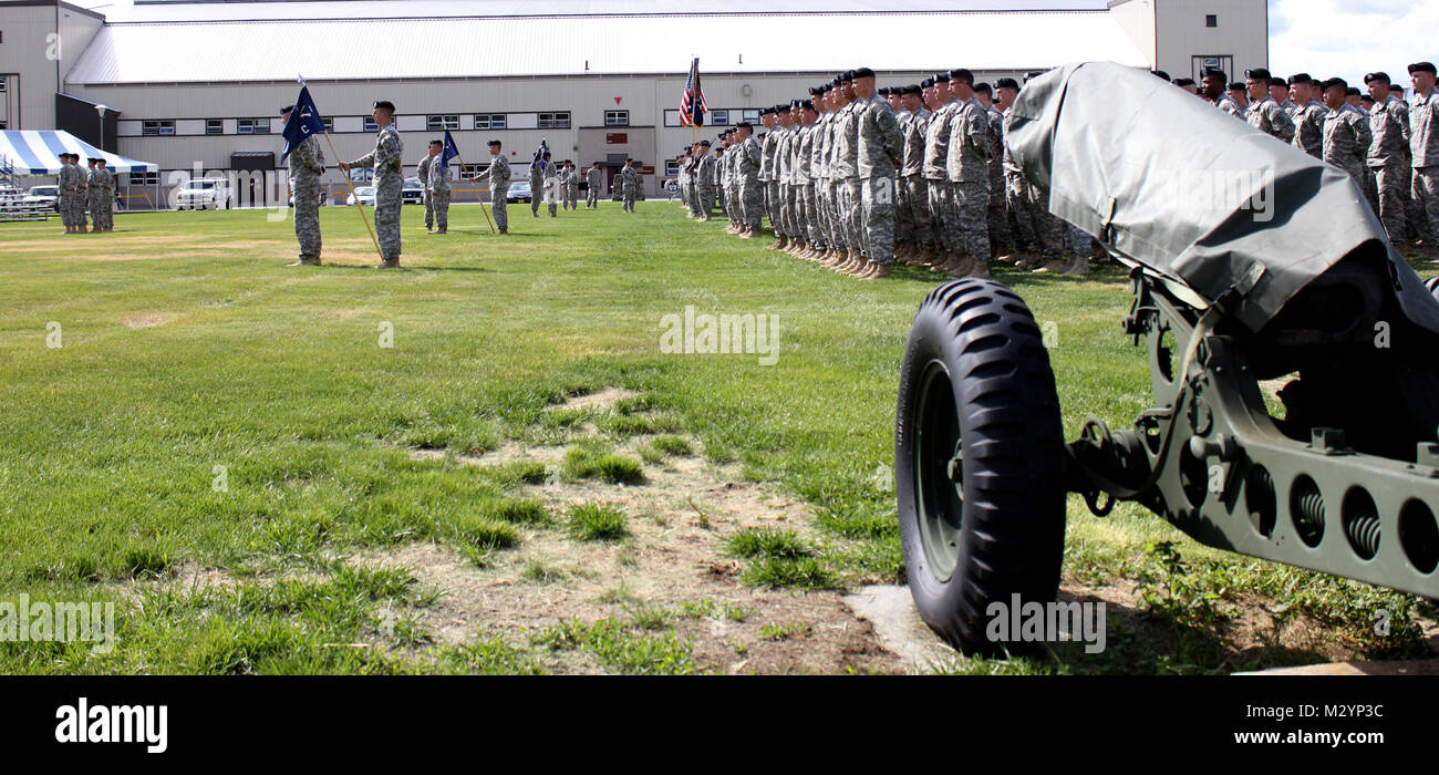 Protetto da un cannone di funzionamento-usato giornalmente per avviare il sollevamento della bandiera e la riproduzione della sveglia- soldati del primo battaglione, xxiv Reggimento di Fanteria, 1° Stryker Brigade Combat Team, XXV divisione di fanteria guarda come il loro comandante uscente, Lt. Col. Jeff Stewart relinqueshes il comando del battaglione di Lt. Col. Matteo McNeilly durante un cambiamento di comando cerimonia di prove a Ladd Parade campo qui Giugno 28. La cerimonia ufficiale ha avuto luogo qui 2 luglio. Stati Uniti Foto dell'esercito da: Sgt. Thomas Duval, 1/25th SBCT Affari pubblici) 120702-A-ESSERE343-009 da 1 Stryker Brigade Combat Team Arctic Foto Stock