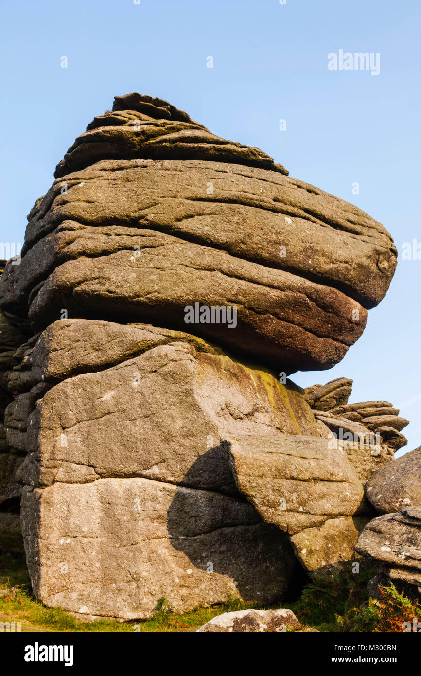 Inghilterra, Devon e Dartmoor Hound Tor,di roccia di granito la formazione nella forma della testa del cane Foto Stock