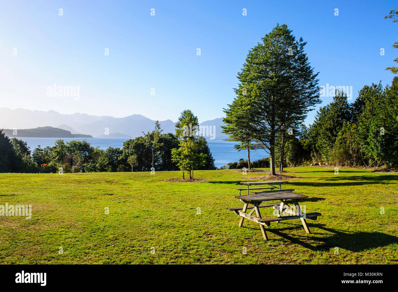 Picknick tabella su un prato sopra il lago di Ta Anau, Manapouri, Isola del Sud, Nuova Zelanda Foto Stock