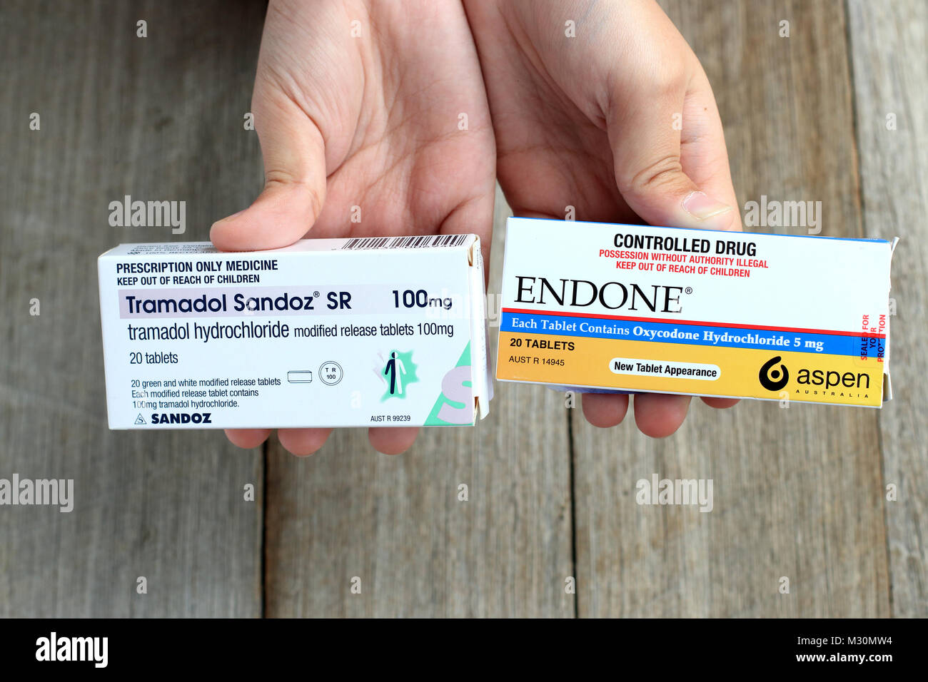 Prescrizione Endone antidolorifico e tramadolo Sandoz - forte dolore killer Foto Stock